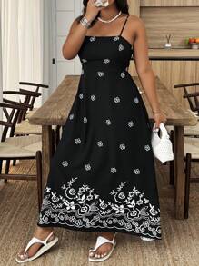 SHEIN Clasi Plus Size Women Resort Style Floral Print Open Back Tie Strap Dress - Black - View 4