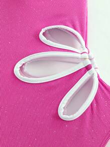 SHEIN Swim Women Textured Shiny Elegant Solid Color Wide Strap Hollow Out Flower One-Piece Swimsuit, Casual Resort Style For Summer Beach Vacation - Hot Pink - View 5