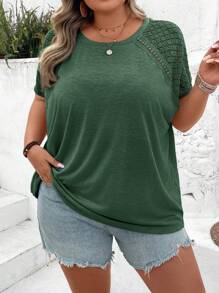 SHEIN CURVE+ Kaos Polos Kasual Ukuran Besar dengan Hiasan Renda, Cocok untuk Musim Panas, Gaya Pedesaan, Liburan Pantai, dan Pakaian Pantai. - Hijau - View 3
