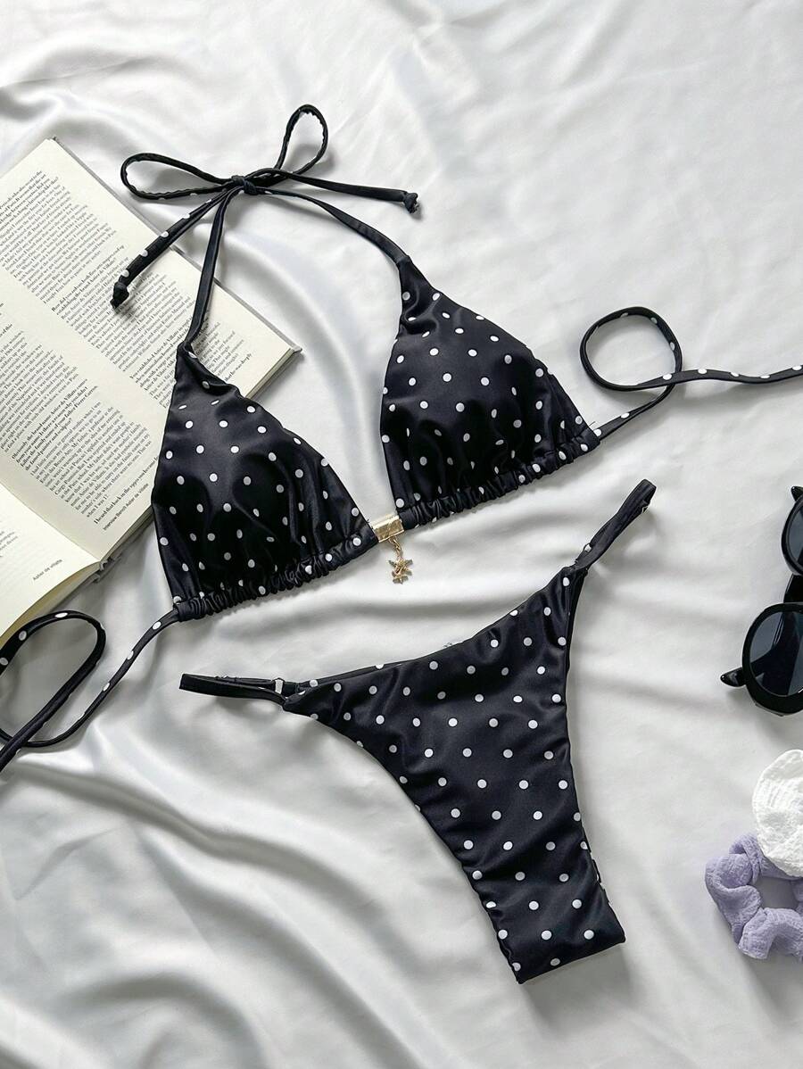 Swim Mod Springbreak 女士波尔卡圆点随机印花金属装饰细肩带性感比基尼套装沙滩装夏季服装 - 彩色 - 查看 1