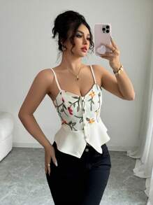 Elenzga 女士节日网眼刺绣花卉无袖短款束腰上衣 - 杏色 - 查看 4