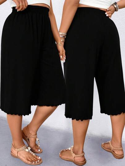 Linhara CURVE Plus Size Women Casual Ruffle Hem Wide Leg Capri Pants