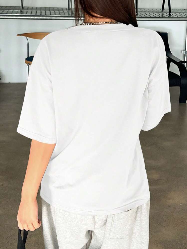 Letter Embroidery Drop Shoulder Short Sleeve T-Shirt
