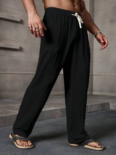 Manfinity RSRT Men's Elastic Waist Linen Black Pants, Fall