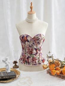 SHEIN MOD Corpiño corto sexy con estampado floral retro, blusas de verano, tops tipo corsé, blusas retro, corsés de verano, blusas para fiestas - Morado - Ver 1