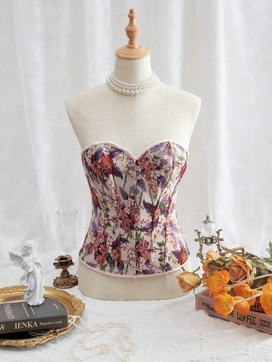 SHEIN MOD Corpiño corto sexy con estampado floral retro, blusas de verano, tops tipo corsé, blusas retro, corsés de verano, blusas para fiestas - Morado - Ver 1