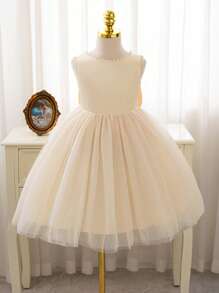 SHEIN Glamorique Kids Váy lưới không tay đính ngọc trai và nơ màu mơ cho bé gái, thích hợp cho tiệc trang trọng, tiệc sinh nhật, biểu diễn vào mùa hè - Màu be - Xem 2