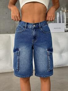 SHEIN PETITE Women Blue Low Rise Bermuda Denim Shorts Summer - Light Wash - View 4