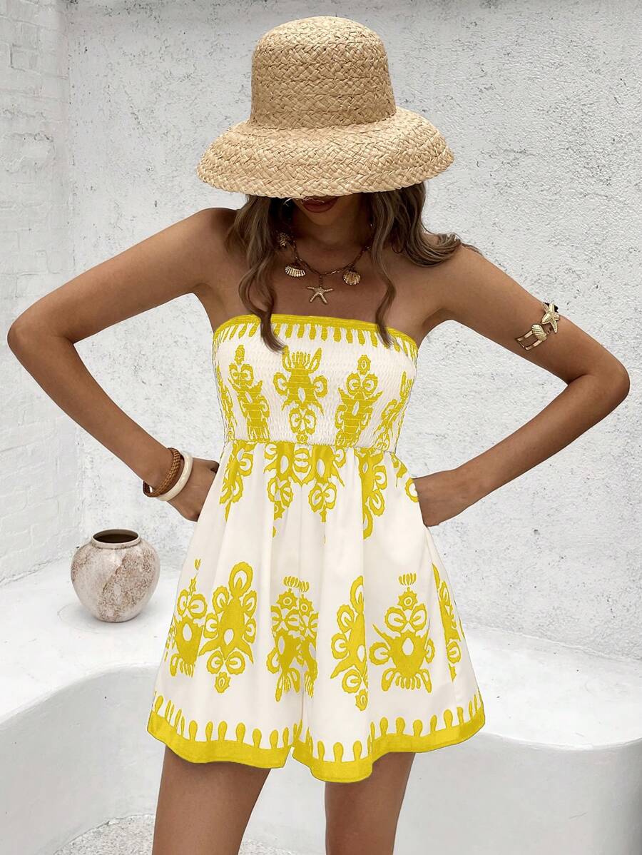 SHEIN VCAY Women's Boho Shirred Strapless Jumpsuit - Yellow Woven Fabric, Short Length, Sleeveless Design, Perfect For Summer - Yellow - View 1