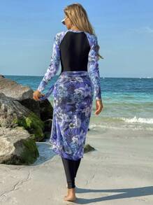 Swim Mulvari 3pcs Set: Long Sleeve Round Neck Patchwork Jumpsuit, Solid Color Long Pants, Sheer Skirt Swimsuit For Women, Leisure & Vacation For Summer - Multicolor - View 2