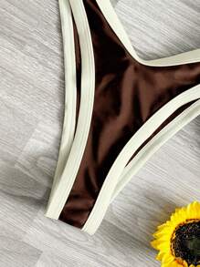 Swim Mod Bộ 2 món/Bộ đồ đi biển dành cho nữ: Áo có gọng vá đơn sắc có dây đeo trước bằng hoa trắng, Quần tam giác thời trang, Đồ bơi bikini gợi cảm thường ngày - màu nâu - Xem 4