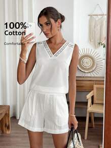 Women's Solid Color Contrast Lace Camisole And Shorts Casual 2 Pieces Set Matching Sets Women Short Sets For Women Summer - White - View 1