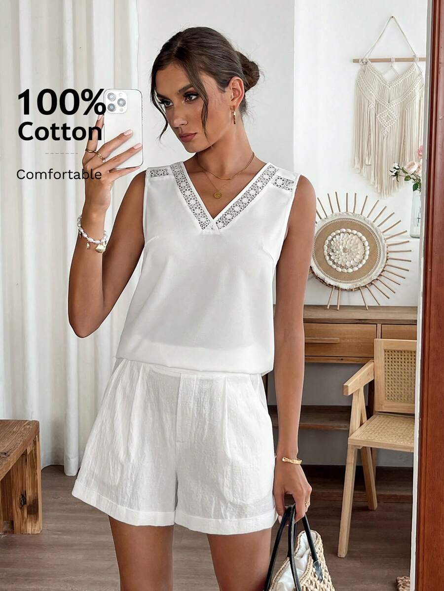 Women's Solid Color Contrast Lace Camisole And Shorts Casual 2 Pieces Set Matching Sets Women Short Sets For Women Summer - White - View 1