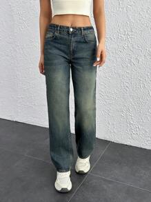 RueChic Vintage Wash Straight Leg Casual Jean Women S Outfits Work Outfits For Women Womens Womens Petite Women S Cargo Pants - Blue - View 5