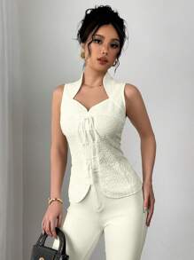 Chiquease Chinese Collar Cinched Waist Front Tie-Up Sleeveless Top, Solid Color, Fashionable For Summer