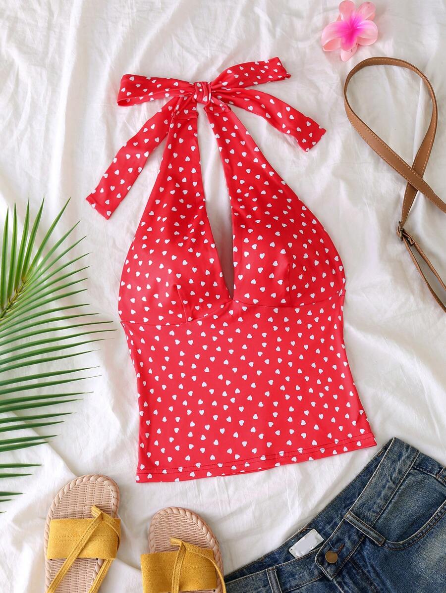 Breezaya Áo ba lỗ buộc cổ hở lưng cho nữ, thời trang tối giản cho mùa hè - Đỏ và trắng - Xem 1