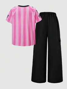 SHEIN Set de 2 piezas: Camiseta con estampado de números y letras con lazo de baloncesto para adolescente, y pantalones cargo negros con bolsillos como conjunto casual de calle