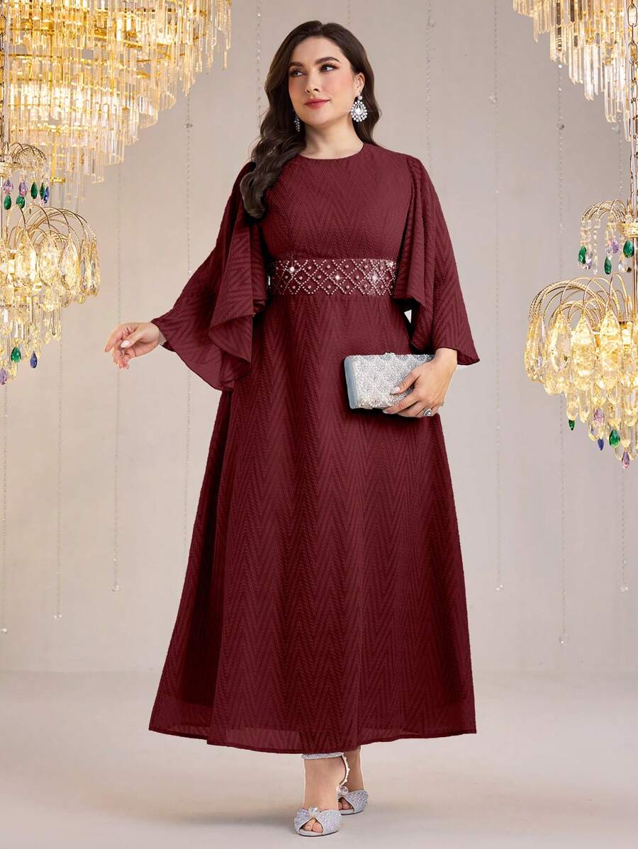 Modelyn 大码女式圆领荷叶边袖仿珍珠装饰优雅连衣裙 - 酒紅色 - 查看 1
