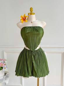 Comfortcana Plus Size Women Solid Color Asymmetric Hem Bustier Top And Shorts Fashion 2Pcs Set