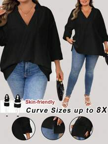 SHEIN CURVE+ 大码女式纯色翻领七分袖宽松休闲衬衫，适合海滩度假、海滩休闲、毕业典礼、下午茶等场合。 - 黑色 - 查看 1