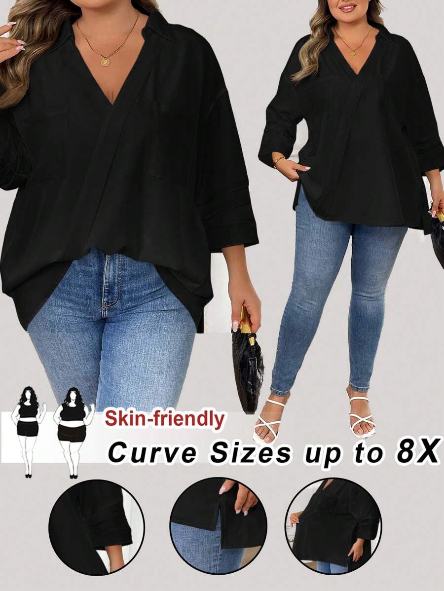 SHEIN CURVE+ 大码女式纯色翻领七分袖宽松休闲衬衫,适合海滩度假、海滩休闲、毕业典礼、下午茶等场合。 - 黑色 - 查看 1