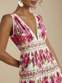 Travachic Urlaubs V-Ausschnitt Blume Muster Rüschen A-Linie romantisches Kleid für Frauen