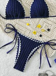 Swim Vcay Bottom de bikini de mujeres de nueva moda, unicolor con textura, con lazos laterales y dobladillo con volantes, traje de baño de playa de verano