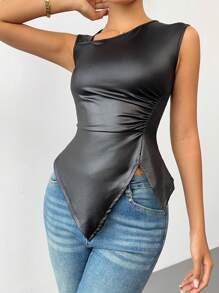 SHEIN Unity Women's Elegant Solid Color Sleeveless Square Neck Fitted Asymmetric Hem Top - Black - View 5