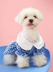 PETSIN 1 件宠物猫狗通用蓝色格子草莓刺绣彼得潘项圈蝴蝶结装饰可爱小狗连衣裙 - 彩色 - 查看 5