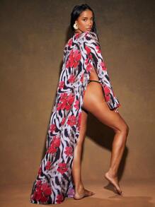 Hauture Women's Holiday Zebra Print Long Sleeve Kimono Cover Up For Summer Beach Vacation - Multicolor - View 2