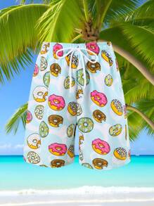 Tween Boy Donut Print Drawstring Waist Beach Shorts - Multicolor - View 3