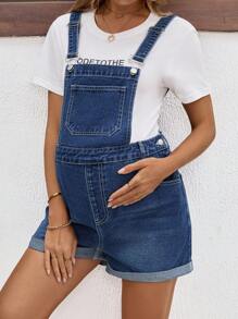 SHEIN 孕妇牛仔背带裤和连体裤，休闲修身背带短裤，蓝色，母亲节/妈妈/母亲/妈妈/母亲节/妈妈/妈妈/母亲节礼物，母亲节/妈妈/母亲/妈妈/妈妈/母亲节/妈妈/妈妈/母亲节礼物 - 藍色 - 查看 4