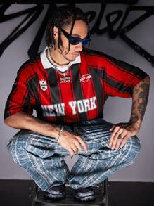 AXEPEAK Men's Colorblock Striped Print Short Sleeve Polo Shirt, School - Red - View 1