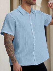 Manfinity Homme Camisa casual/de negocios de talla grande para hombres de unicolor de manga corta y de una sola hilera de abotonadura - Celeste - Ver 6