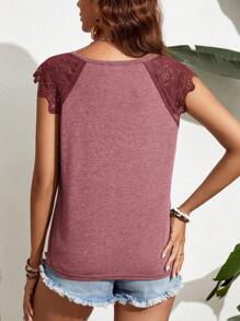 SHEIN Frenchy 女士夏季純色蕾絲拼接寬袖休閒合身T恤