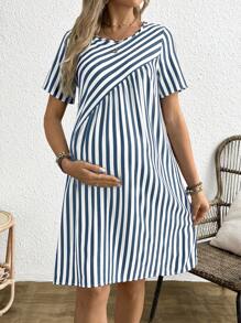 SHEIN Casual Blue And White Striped Maternity Dress With Short Sleeves And Round Neck - Blue and White - View 1