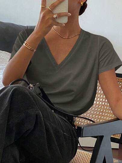 Livesso Camiseta holgada de mujer casual con cuello en V, de unicolor, para verano, de estilo casual elegante