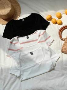 Comfortcana Bộ 3 Áo thun nữ cổ tròn tay ngắn cơ bản, đen và trắng - Nhiều màu - Xem 4