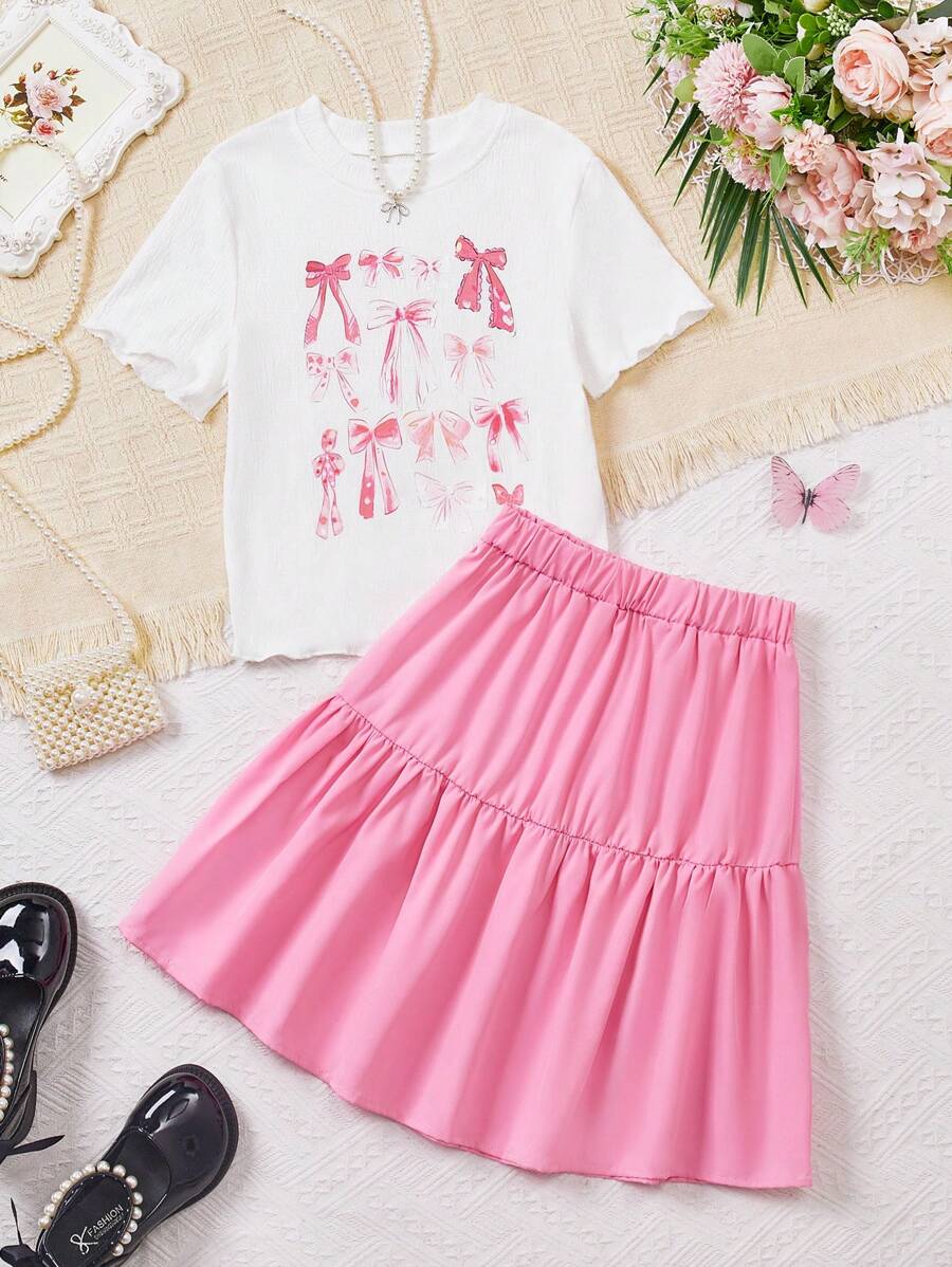 SHEIN 青少年女孩夏季休闲蝴蝶结印花T恤和裙子两件套