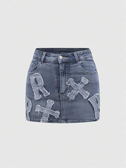 Grunge Punk Women's Y2K Style Distressed Embroidered Denim Mini Skirt With Frayed Hem, Light Blue