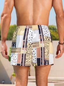 Manfinity Swimmode Men's Patchwork Print Casual Vacation Beach Shorts - Yellow - View 2