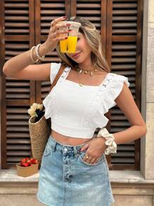 SHEIN Frenchy Women's Sexy Solid Color Backless Cap Sleeve Cropped Blouse, Summer White Vacation Holiday Resort - White - View 7