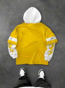 Aesthetic Post--Men's Vintage Distressed Letter & Chicago Graphic Colorblock Hoodie, Young College Style - Yellow - View 2