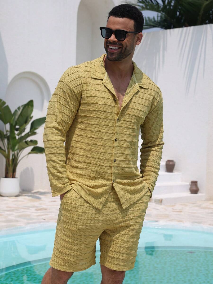 DAZY Summer Men's Textured Green Shirt Set - Green - View 1