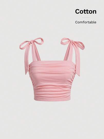 SHEIN x Marika Sila SHEIN MOD لباس علوي موحدة اللون بربطة كتف تجاعيد كتف واسعة