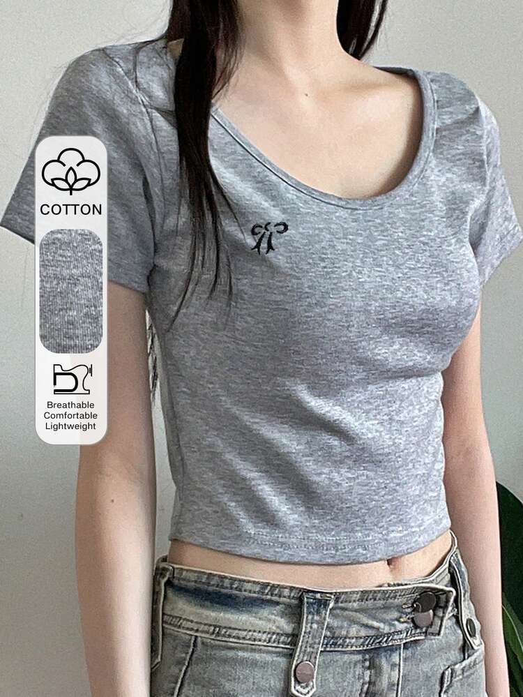 Women's Oversized Round Neck Letter Embroidery Cropped Short Sleeve T-Shirt With Bow, Grey, Spring/Summer Preppy Tops