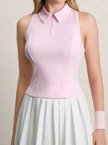 CourtClass Polo de malla sin mangas con cremallera frontal, liso, para yoga y gimnasio, de mujer