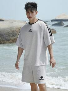 DAZY Lightweight Men's Summer Letter Print T-Shirt Set With Decorative Stripes, Gray Vacation - Light Grey - View 5