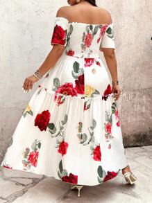 SHEIN Clasi Elegant Commuting, Romantic Vacation Style, Simple Casual Women's Fashion Floral Print, Versatile, Comfortable Fabric Off Shoulder, Chest Shirred Front & Back, Short Sleeve, Spliced Dress Hemline Long Dress, White, Plus Size - White - View 2