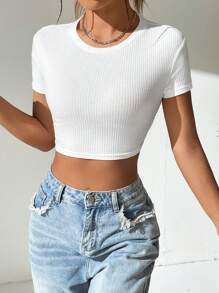 SHEIN EZwear Camiseta crop unicolor tejido de canalé - Blanco - Ver 4